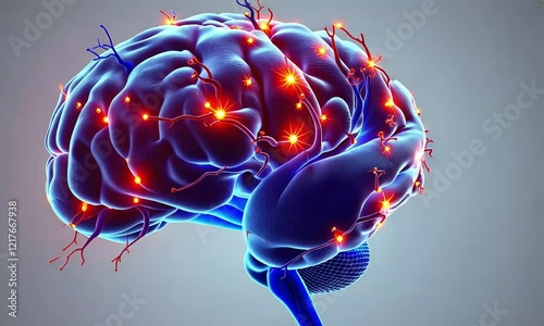 Brain with active neural network visualized with glowing red synapses against gray background