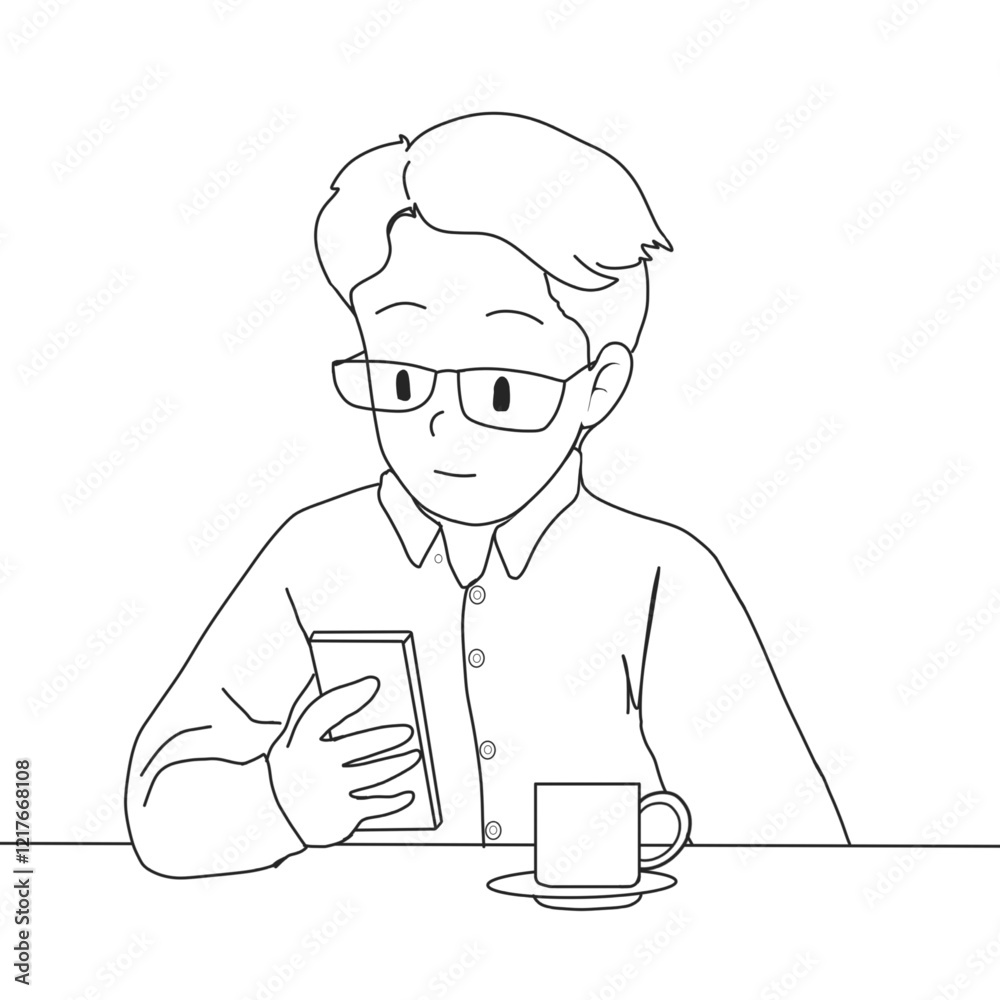 illustration of a man looking at his cell phone while drinking a cup of coffee illustration of a man looking at his cell phone while drinking a cup of coffee