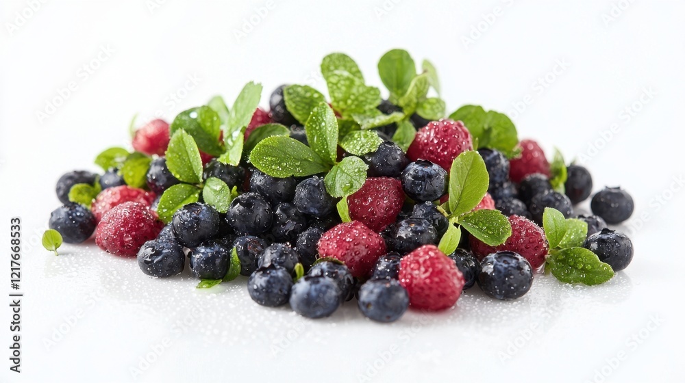 A vibrant assortment of blueberries and raspberries is beautifully arranged with fresh mint leaves, showcasing a refreshing and colorful fruit selection A vibrant assortment of blueberries and raspberries is beautifully arranged with fresh mint leaves, showcasing a refreshing and colorful fruit selection