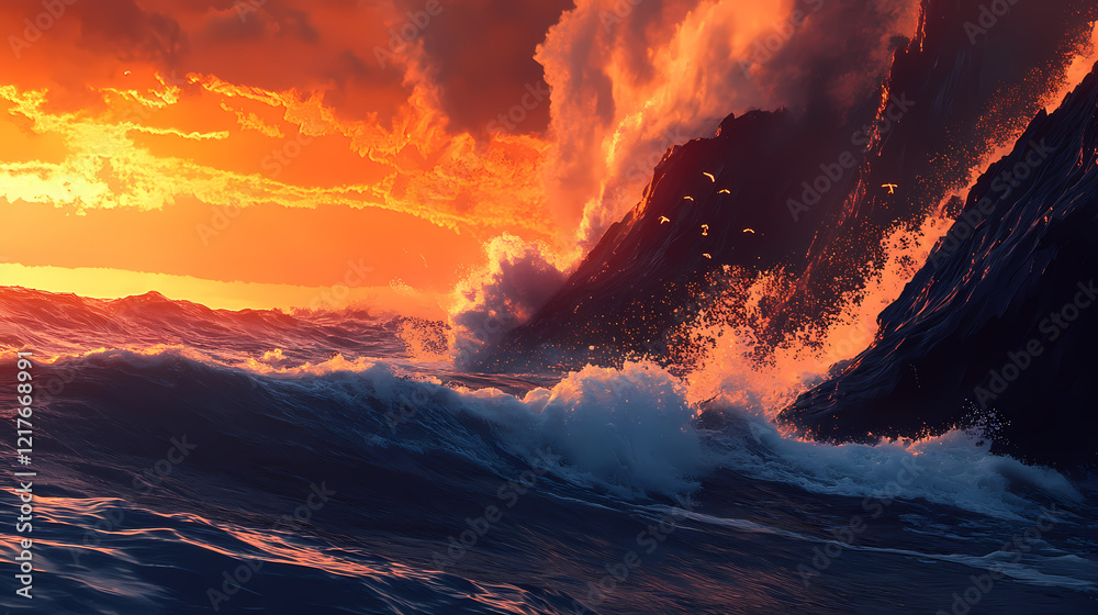 Fototapeta premium Dramatic waves crashing against obsidian rocks volcanic coastline at sunset coastal landscape photography natural beauty. Obsidian Cliff. Illustration