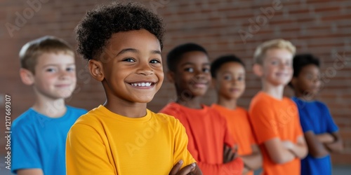 A joyful group of boys stands confidently with crossed arms, their bright shirts and smiles exuding energy and camaraderie.