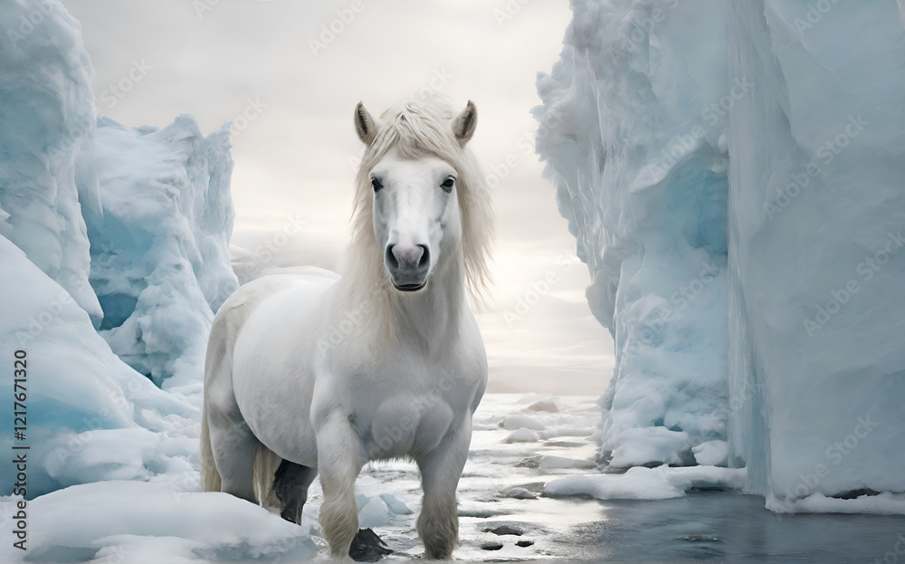 beautiful white horse-pony swimming in arctic ocean with icebergs. close up. Digital artwork. Ai generated