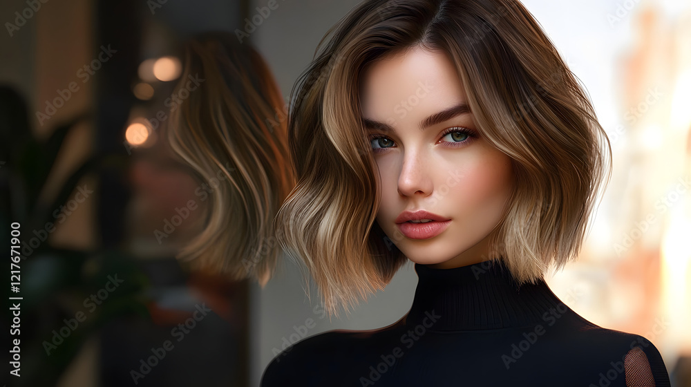 A chic and modern lob (long bob) styled with textured waves and subtle highlights Generative AI A chic and modern lob (long bob) styled with textured waves and subtle highlights Generative AI