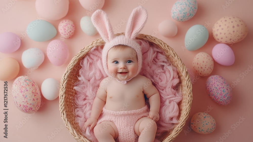 Fototapeta premium A baby in a basket surrounded by colorful Easter eggs and wearing a cute bunny hat, celebrating the joy of Easter.