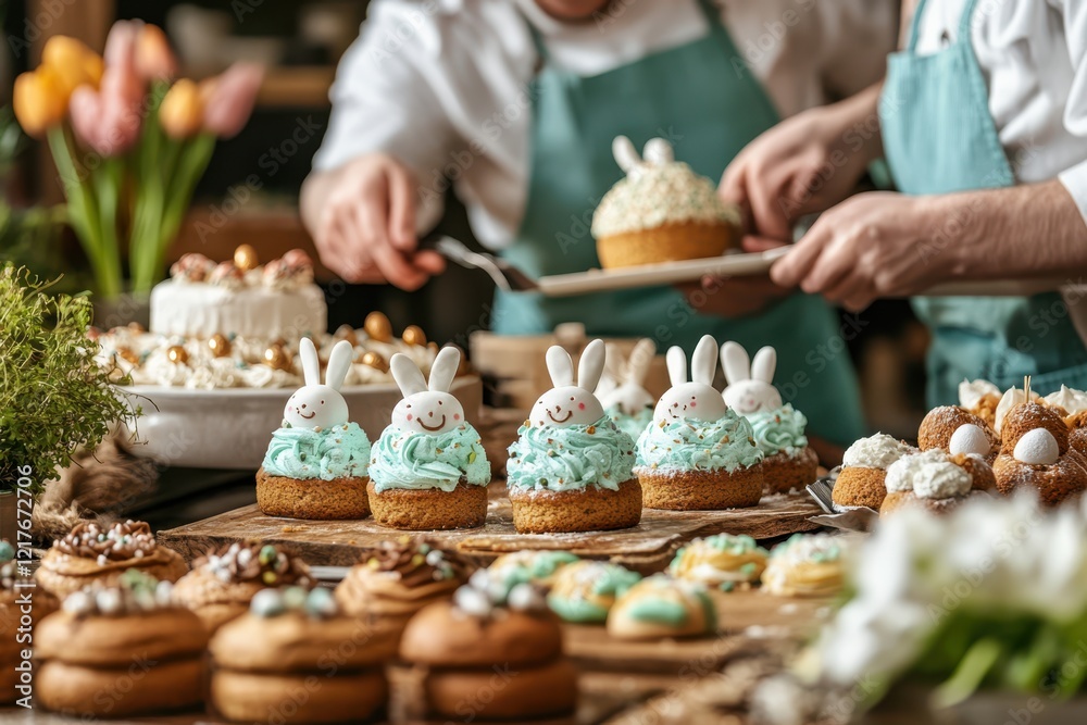 A festive table displays delicious cakes and cheerful bunnies, with a man enjoying the Easter celebration in the background.