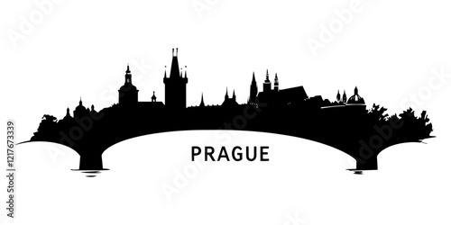 prague city skyline with iconic bridge, black and white vector illustration