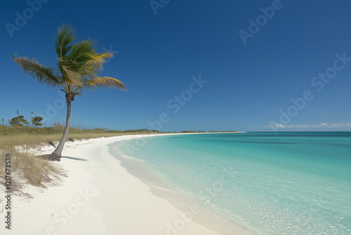 Pristine Tropical Beach with White Sand, Turquoise Water, and Palm Trees