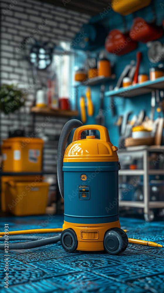 Fototapeta premium Colorful vacuum cleaner in a well-organized workshop filled with tools and equipment
