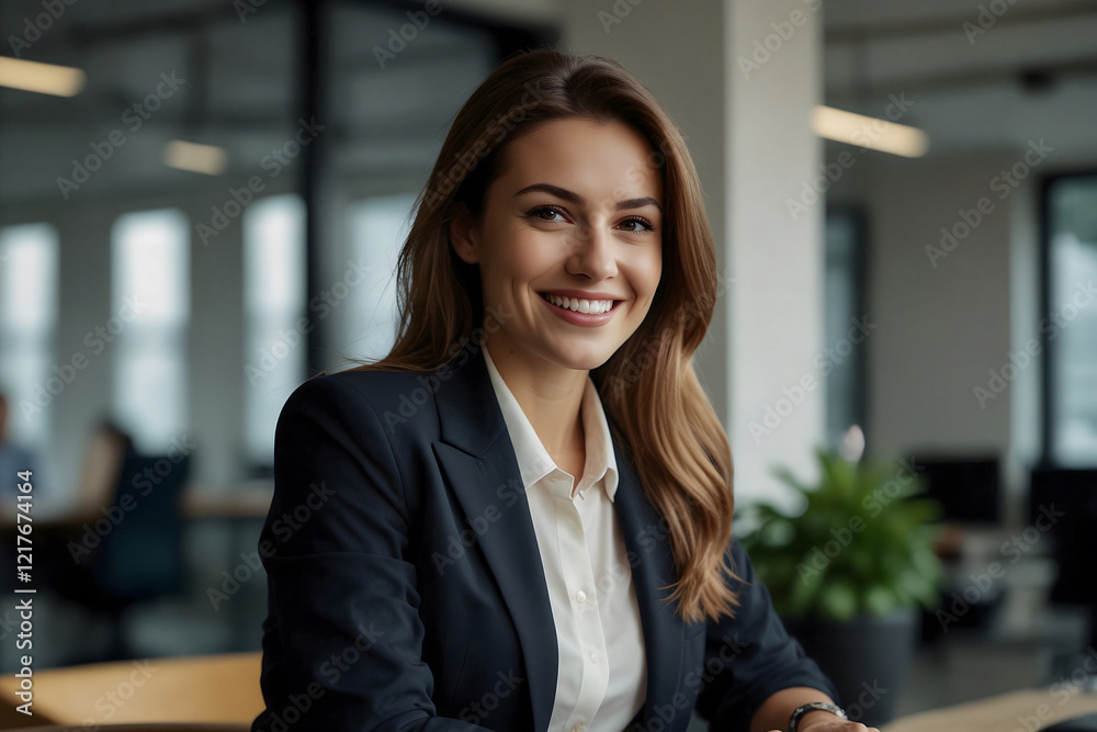 Portrait of a smiling, confident business woman, a beautiful model, working on a laptop in a modern office