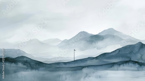 Wallpaper Mural A serene landscape unfolds with misty mountains fading into the distance, while a lone flag stands prominently amidst soft blue and gray hues, conveying tranquility and solitude Torontodigital.ca