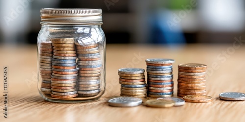 Coins of various denominations are neatly stacked beside a jar, representing savings and financial responsibility.