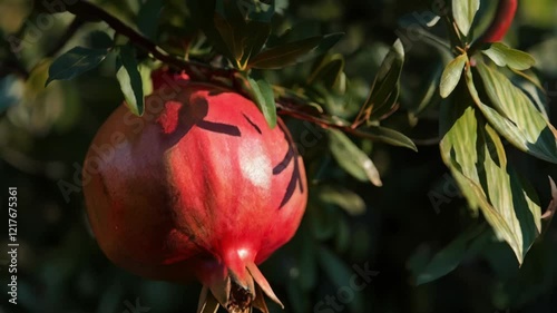Discover the beauty of ripe pomegranates hanging on a tree branch in a sunny garden during the golden hour of early evening, highlighting the vibrant red color and lush green leaves