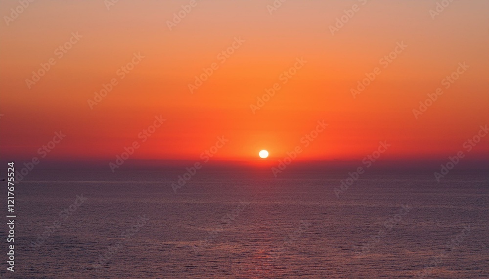 Obraz premium 멀리 수평선 위로 떠오르는 선명한 일출, 붉고 따뜻한 색감의 태양