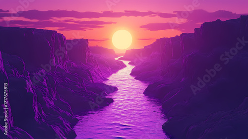 Majestic lava canyon with glowing purple hues at sunset. Radiant Canyon. Illustration photo