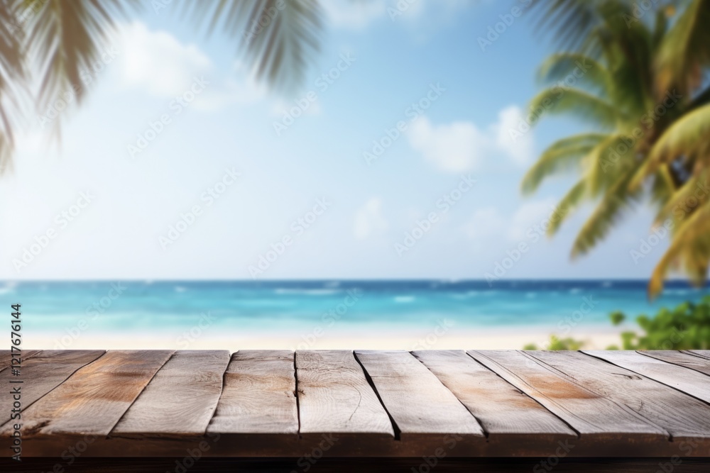 Blured Beach Background with Empty Wooden Table. Perfect Summer Holiday Product Display Template for Banner Design Blured Beach Background with Empty Wooden Table. Perfect Summer Holiday Product Display Template for Banner Design