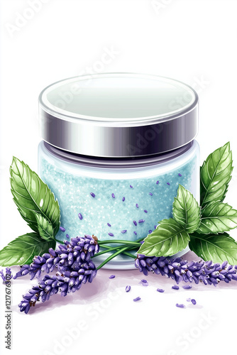 Jar with face mask surrounded by fresh mint leaves and delicate lavender on a clean white background with copy space