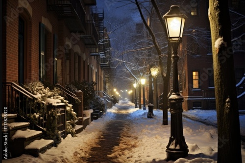 Boston Winter Night: Snowy Beacon Hill Urban Landscape with Street Lamp and Acorn photo