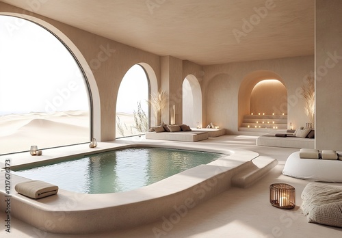 A minimalist spa with a pool and small seating areas on the sides  overlooking the sea in front of it  with sand dunes outside the window.
