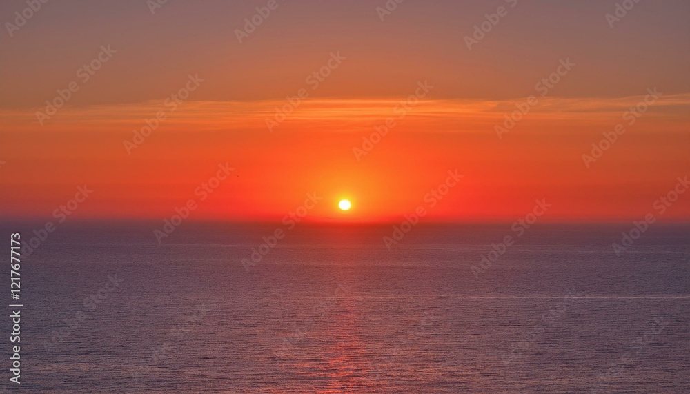 Obraz premium 멀리 수평선 위로 떠오르는 선명한 일출, 붉고 따뜻한 색감의 태양