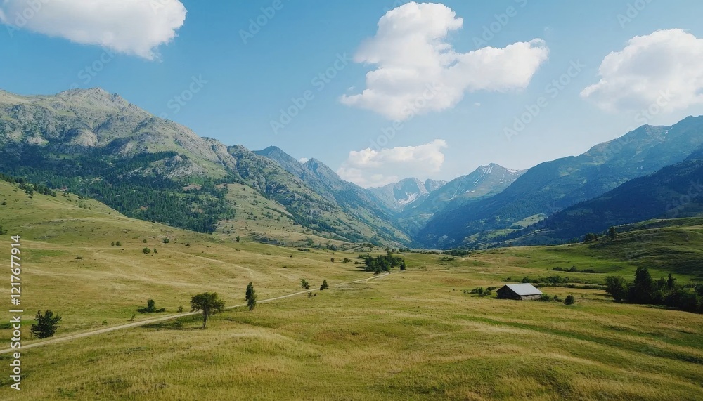 Serene Mountain Landscape with Lush Green Fields and Blue Sky Serene Mountain Landscape with Lush Green Fields and Blue Sky