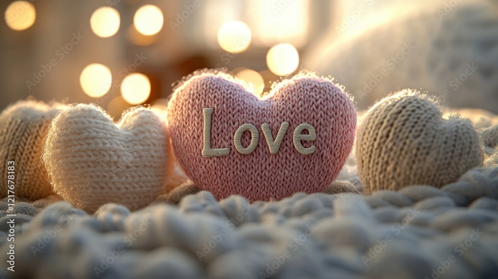 Naklejka premium Delicate knitted hearts in soft colors rest on a fluffy blanket, illuminated by gentle light, conveying a warm sense of love and comfort in a cozy space