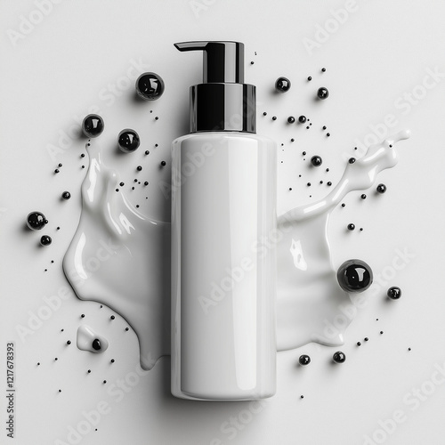 White cosmetic pump bottle surrounded by splashes and black beads, artistic layout, copy space