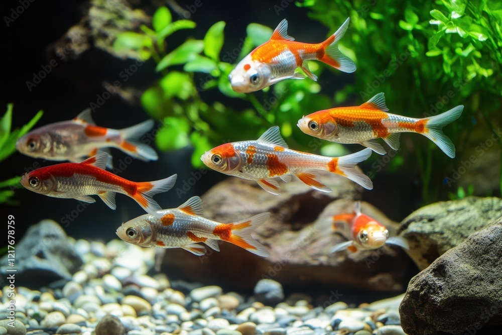 Koi fish gracefully swimming in a tranquil indoor pond surrounded by lush greenery and natural elements Koi fish gracefully swimming in a tranquil indoor pond surrounded by lush greenery and natural elements