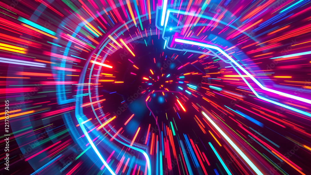 Neon colored lights and speed glow lights on black background. Generative AI Neon colored lights and speed glow lights on black background. Generative AI