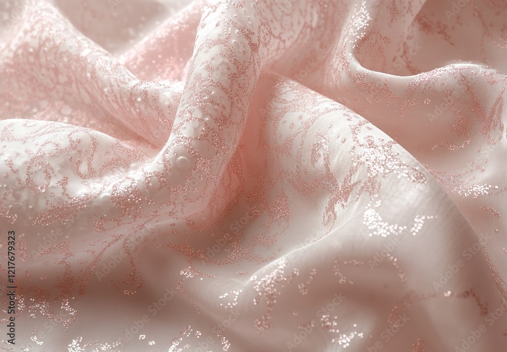A delicate pink fabric with a intricate pattern and sparkling glitter, set against a soft pink background. A delicate pink fabric with a intricate pattern and sparkling glitter, set against a soft pink background.