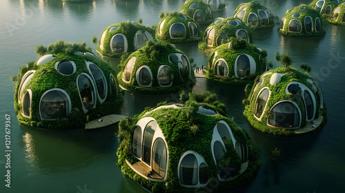 Drone photography of a floating green city with dome-shaped structures and abundant rooftop gardens