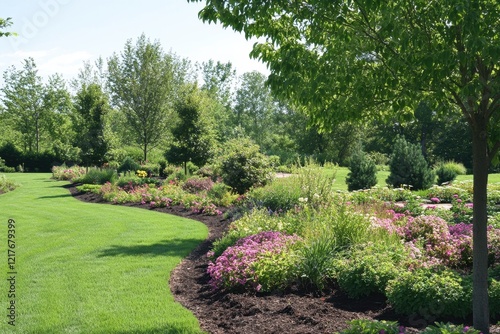 Landscapers create vibrant outdoor space by planting new shrubs and flowers on a sunny day