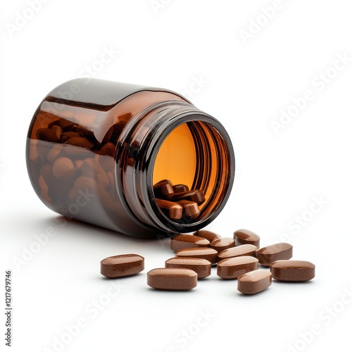A brown pill bottle with spilled pills, ideal for illustrating topics related to medicine, health supplements, or pharmacy services Isolated on white background