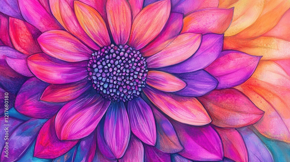 Obraz premium Vivid Pink and Purple Flower Close up Detailed Watercolor Botanical Illustration