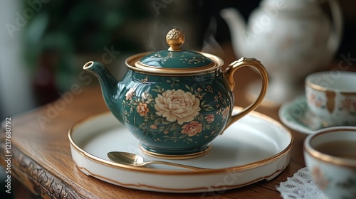 Elegant teal teapot with gold accents beside a flowering plant on a wooden table