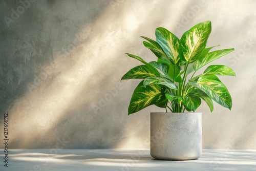 Fresh green plant in modern pot illuminated by natural sunlight on a minimali...