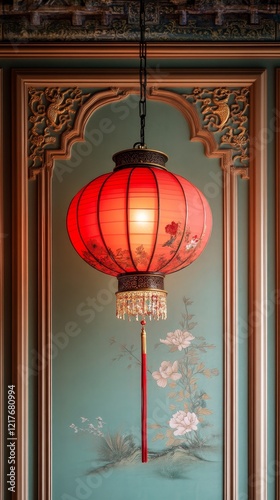 Red lantern illuminating traditional decor in a vintage indoor setting