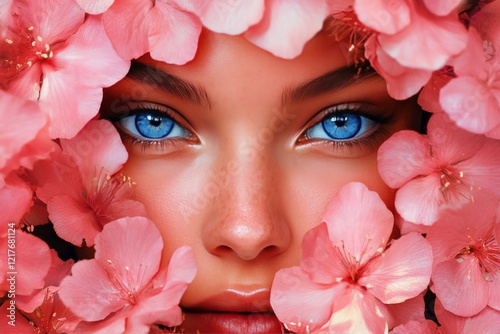 Portrait of a woman with striking blue eyes surrounded by vibrant pink flowers