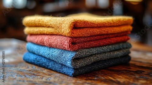 Colorful stack of folded towels displayed on rustic wooden table in a home de...