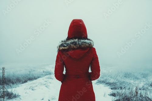Woman in red coat walking on snowy path through winter landscape with falling...