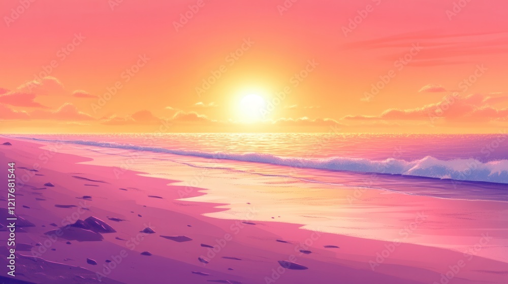 Fototapeta premium Serene Sunset Beach Scene Pink and Orange Ocean Waves at Dusk