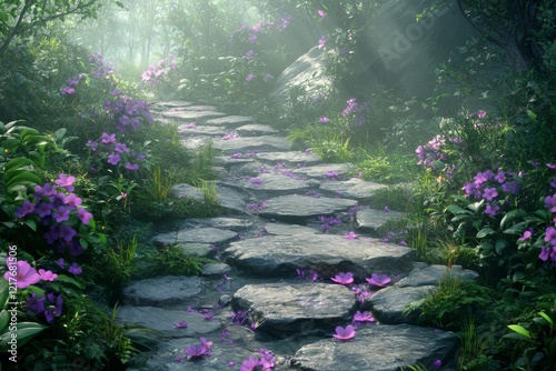 Beautiful stone pathway lined with purple flowers in a serene garden setting