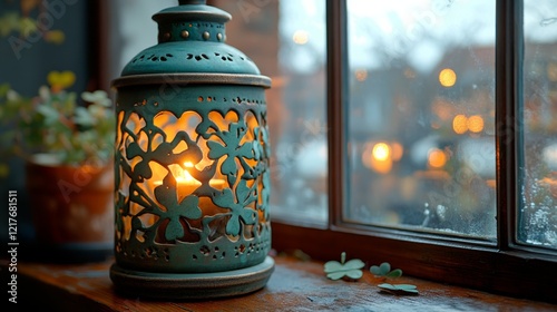 Beautiful decorative lantern placed on a wooden windowsill during sunset in a...