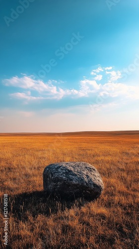 Large boulder in a golden grassland under a bright blue sky with soft clouds ...