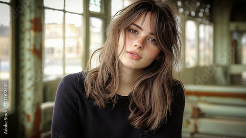 A young woman with medium-length brown hair looks directly at the camera. She's wearing a dark-colored top or sweater. Free Download A young woman with medium-length brown hair looks directly at the camera. She's wearing a dark-colored top or sweater. - GFXLoad