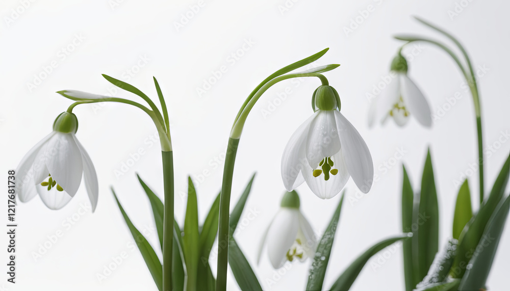 Delicate snowdrop flowers with white petals and green tips are gracefully blooming indoors. The gentle lighting enhances their natural elegance and beauty Delicate snowdrop flowers with white petals and green tips are gracefully blooming indoors. The gentle lighting enhances their natural elegance and beauty