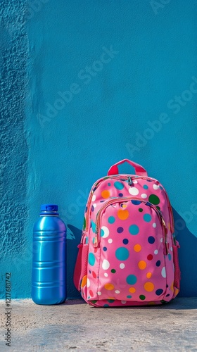Bright backpack and water bottle against a vibrant blue wall in outdoor setting