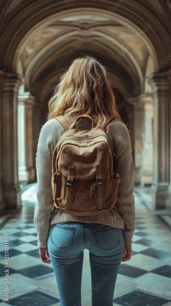 Fototapeta premium Young person walking down a dimly lit corridor with backpack in a school setting