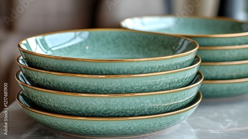 Elegant stack of turquoise plates with gold trim on a wooden table in a cozy ...