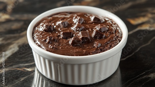 Rich chocolate dessert baked in a white ramekin on a dark marble countertop