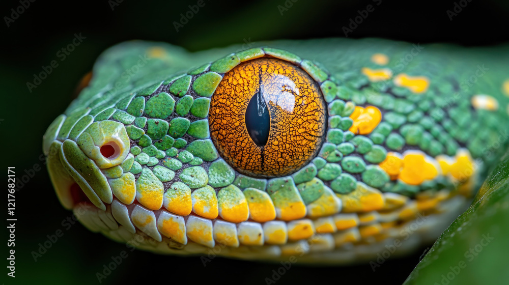 Fototapeta premium A close-up of the head of a green snake with bright, rich details. 